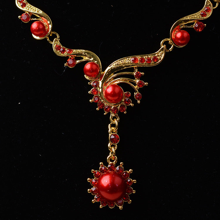 Set collana e orecchini da donna con catena Singapore, elegante, floreale, in lega, strass e perle