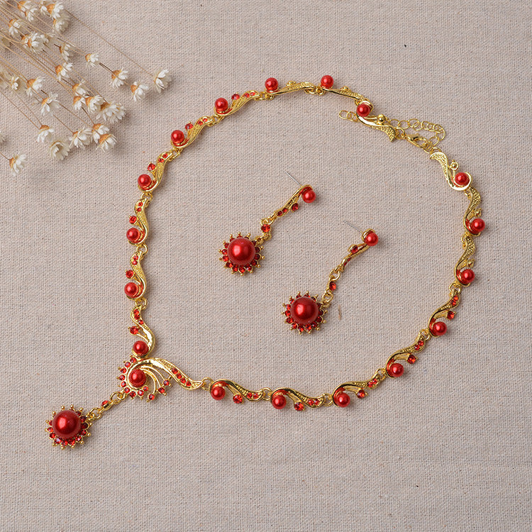 Set collana e orecchini da donna con catena Singapore, elegante, floreale, in lega, strass e perle