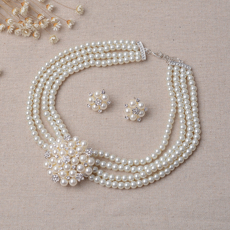 Sweet Floral Flower Alloy Inlay Pearl Rhinestone Necklace and Earring Set for Women
