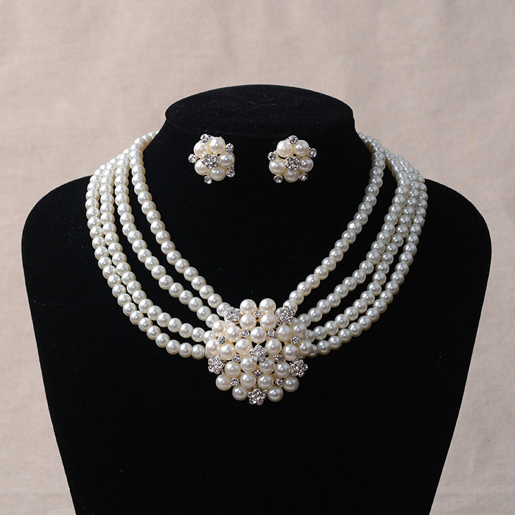 Sweet Floral Flower Alloy Inlay Pearl Rhinestone Necklace and Earring Set for Women