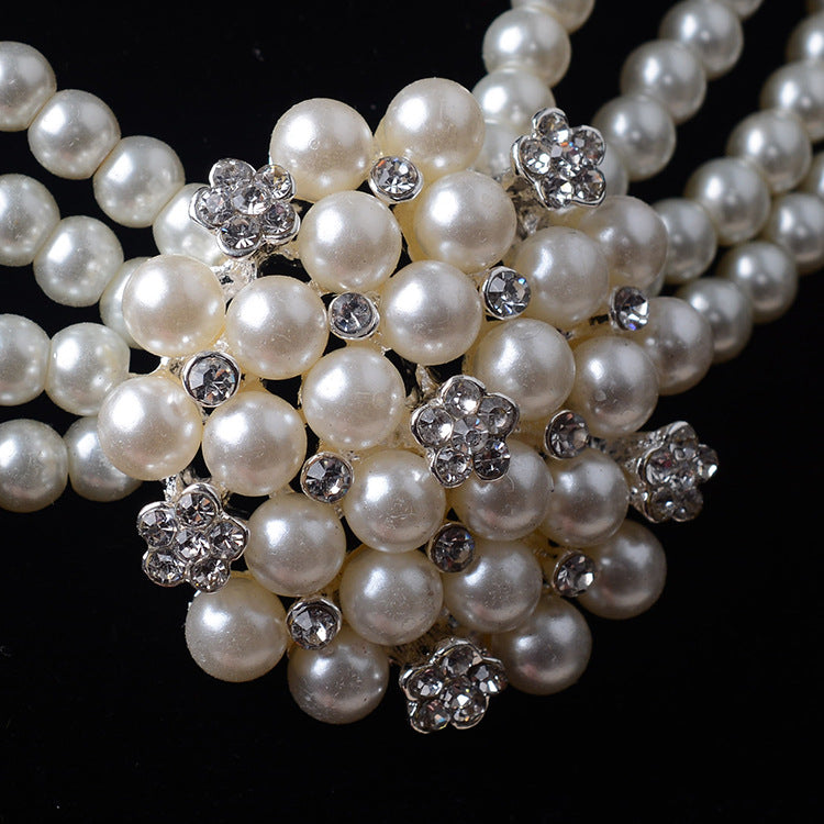 Sweet Floral Flower Alloy Inlay Pearl Rhinestone Necklace and Earring Set for Women