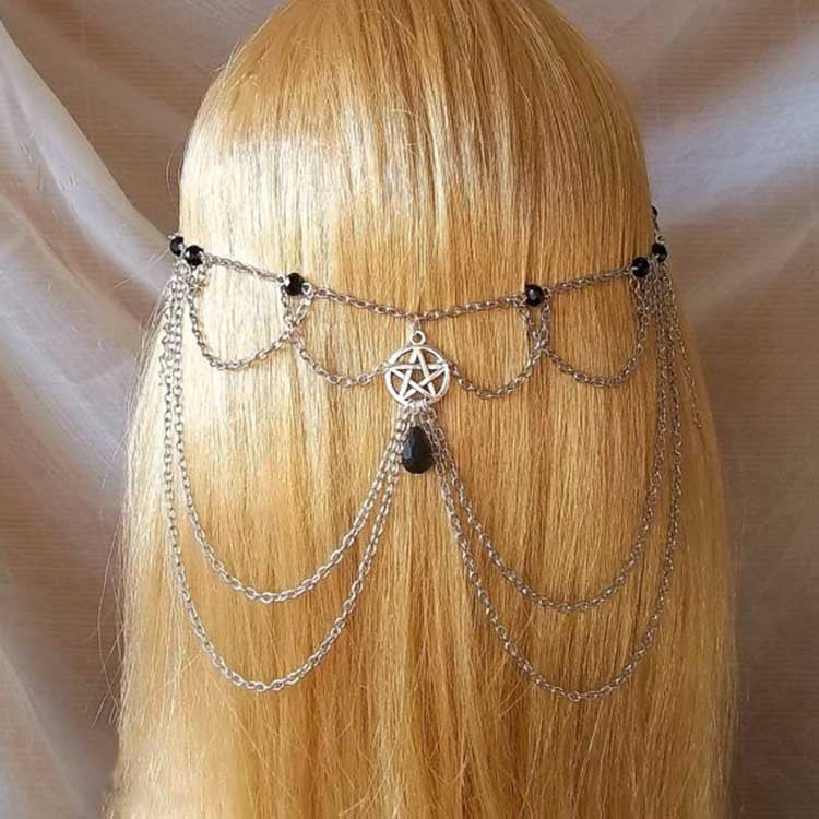 Multi-Layer Star Head Chain for Women Alloy Hair Accessory with Crystal Accents Geometric Tartan Pattern Headband Hair Band