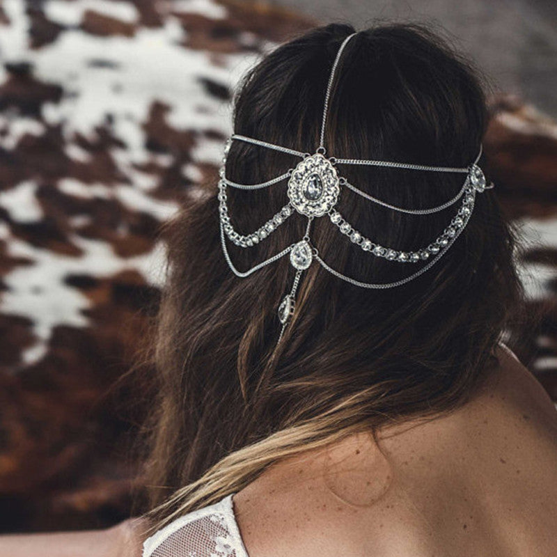 Rhinestone-Encrusted Droplet Tassel Headband for Women Alloy Yoga Hair Accessory Boho Chic Hairband