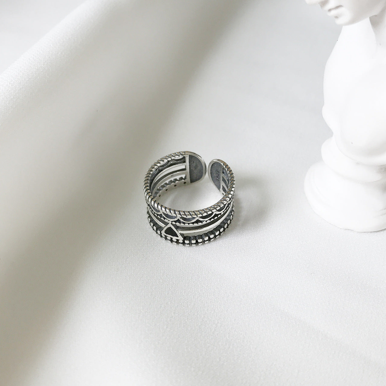 Anello aperto geometrico in argento sterling 925 con accenti circolari, triangolari e quadrati, stile coreano giapponese vintage, gioielli da donna