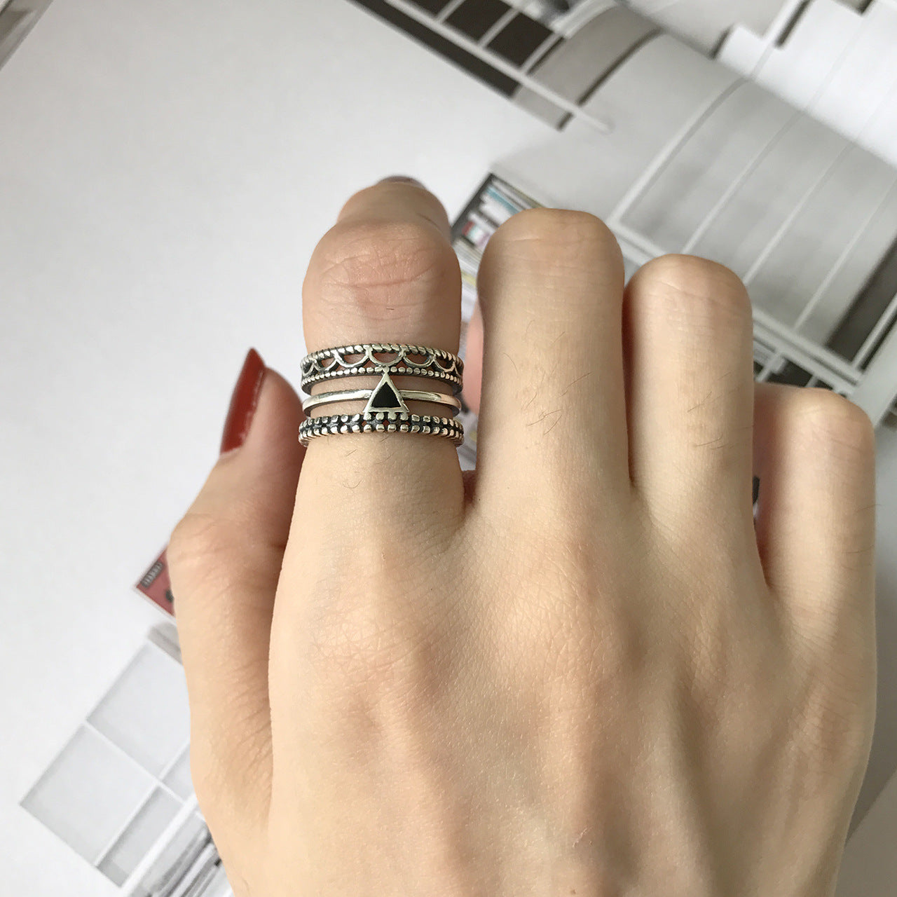 Anello aperto geometrico in argento sterling 925 con accenti circolari, triangolari e quadrati, stile coreano giapponese vintage, gioielli da donna