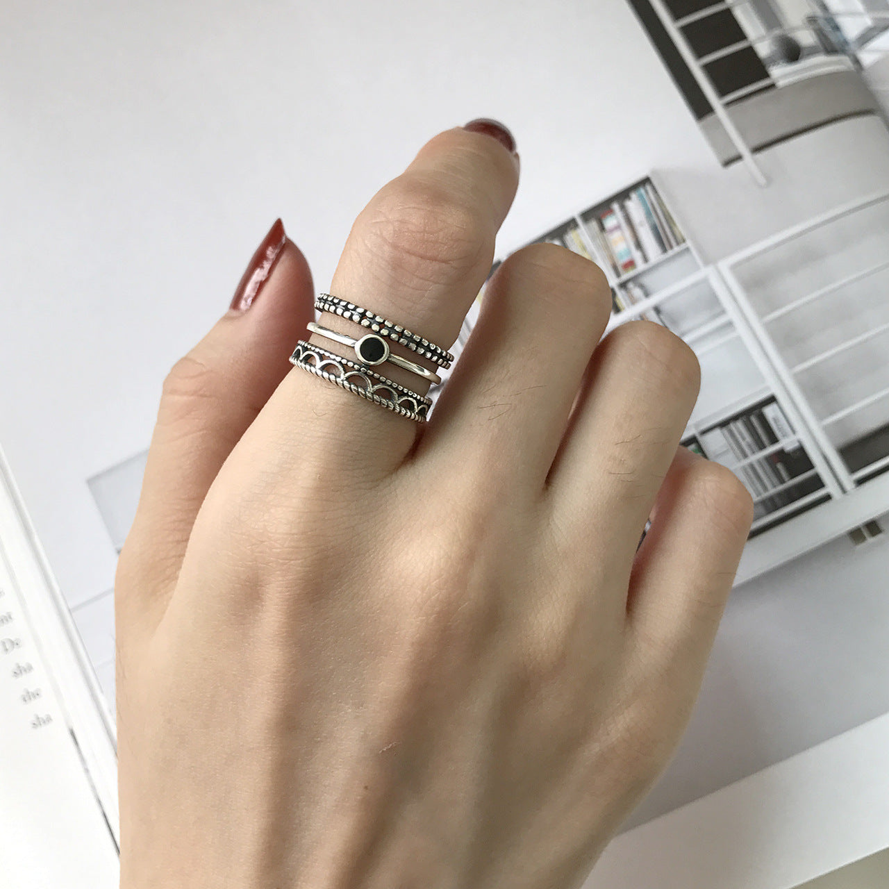 Anello aperto geometrico in argento sterling 925 con accenti circolari, triangolari e quadrati, stile coreano giapponese vintage, gioielli da donna