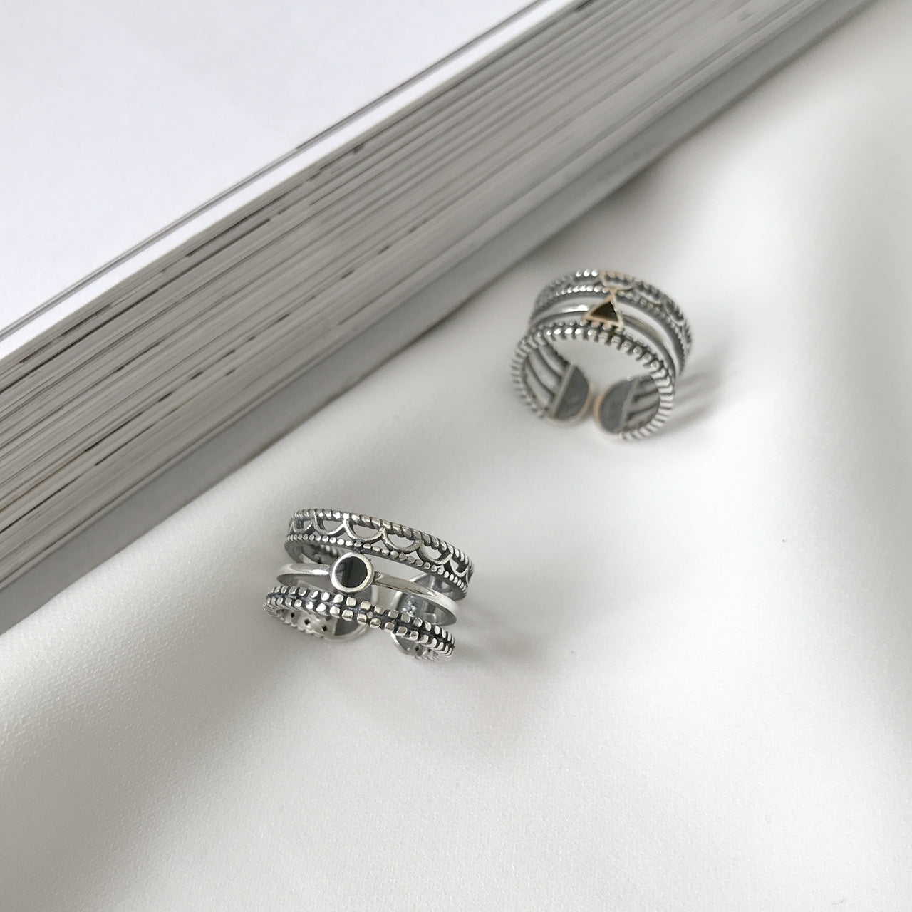 Anello aperto geometrico in argento sterling 925 con accenti circolari, triangolari e quadrati, stile coreano giapponese vintage, gioielli da donna
