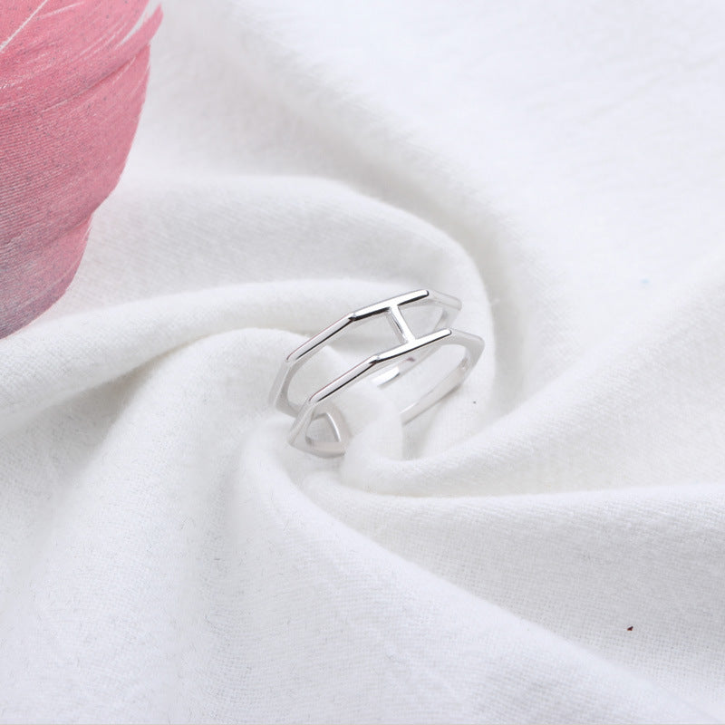 S925 Sterling Silver Double Band Hexagonal Open Ring for Women Minimalist Chic Geometric Stackable Ring