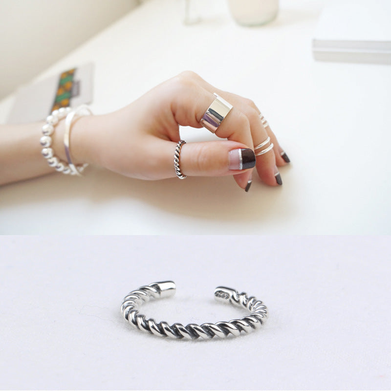 S925 Sterling Silver Twisted Rope Adjustable Ring for Women Vintage Edgy-Cute Geometric Band
