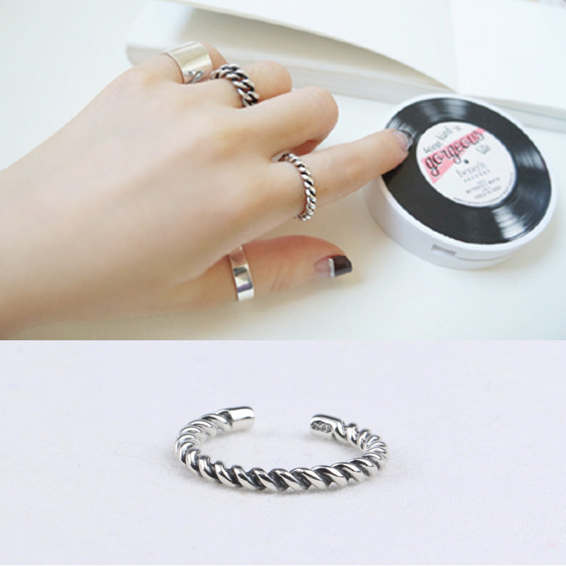S925 Sterling Silver Twisted Rope Adjustable Ring for Women Vintage Edgy-Cute Geometric Band