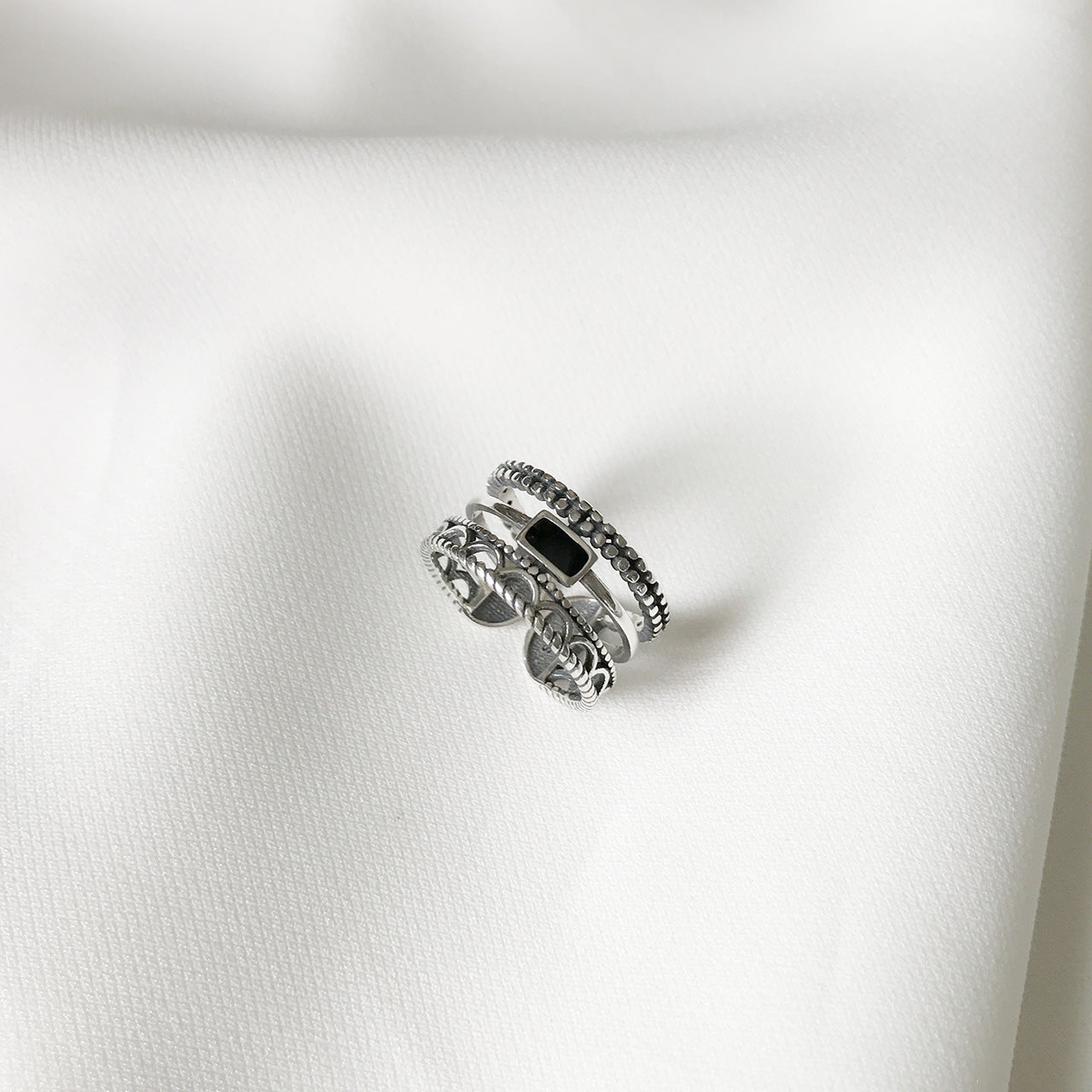 Anello aperto geometrico in argento sterling 925 con accenti circolari, triangolari e quadrati, stile coreano giapponese vintage, gioielli da donna