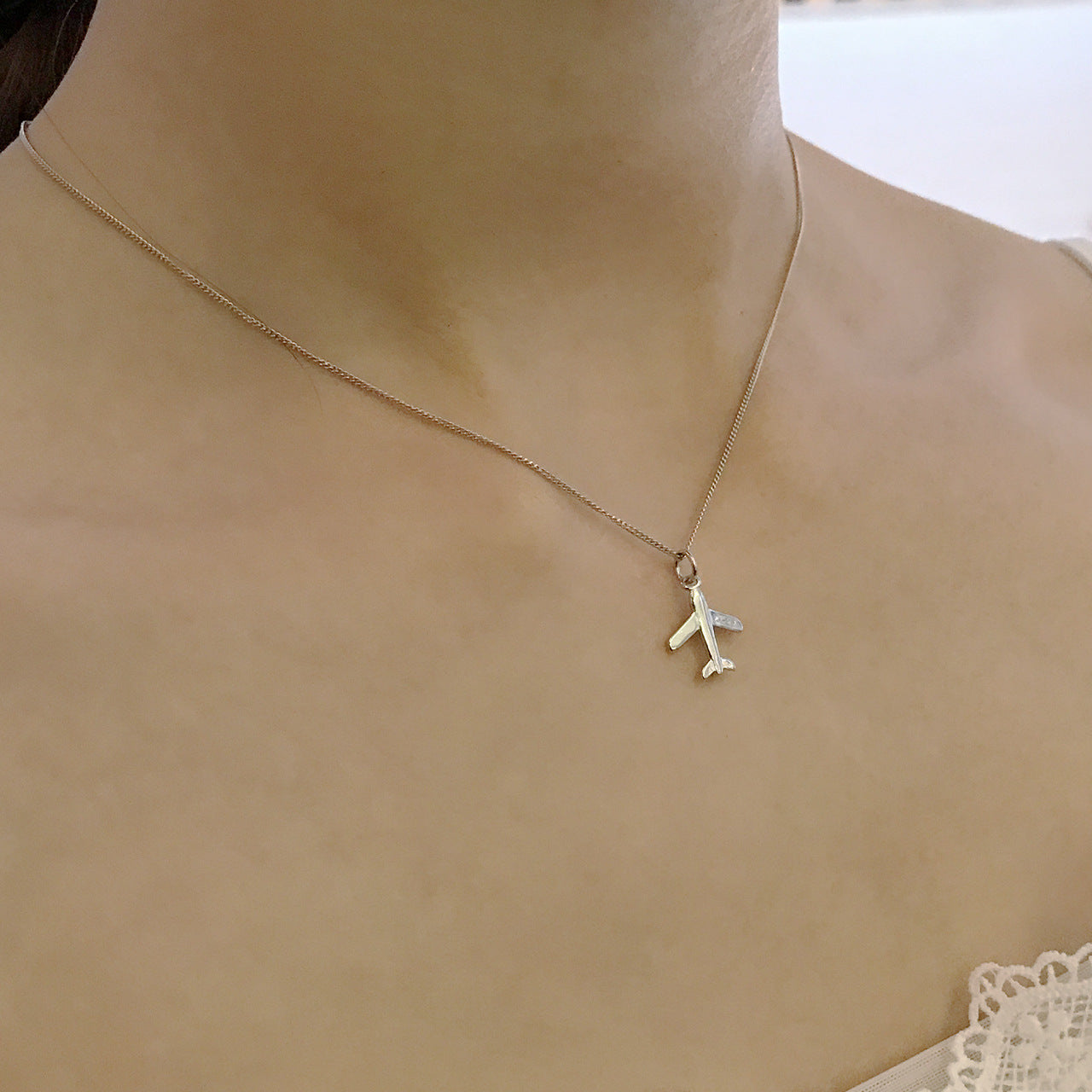 925 Sterling Silver Airplane Pendant Necklace for Women Geometric Vintage Trendy Clavicle Chain