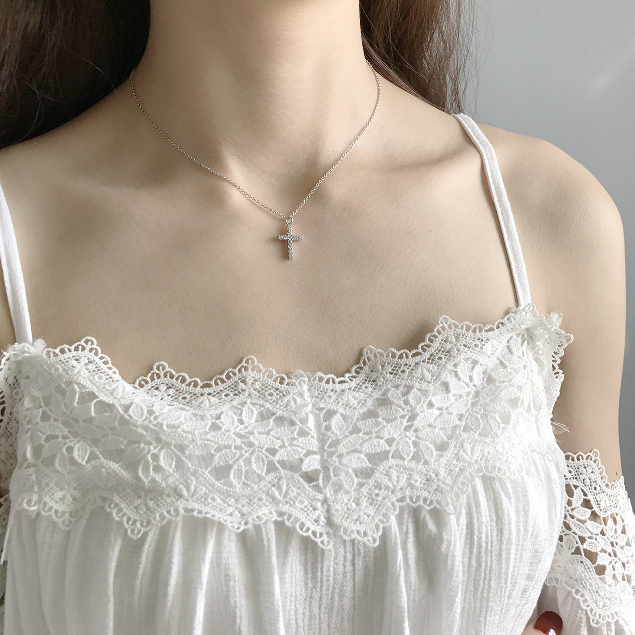 Minimalist 925 Sterling Silver Plated Geometric Cross Diamond Pendant Necklace for Women