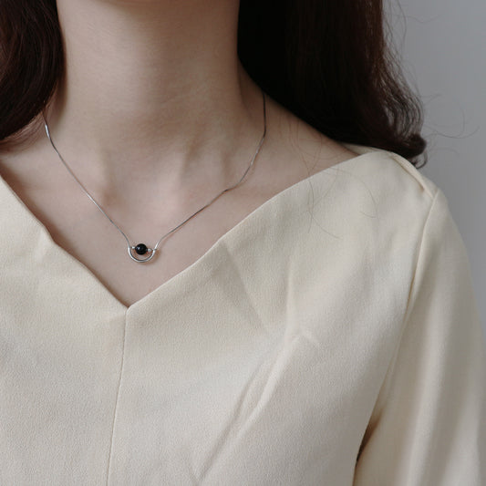 925 Sterling Silver Note Pendant Necklace with Black Onyx Inlay Minimalist Fashion Jewelry for Women