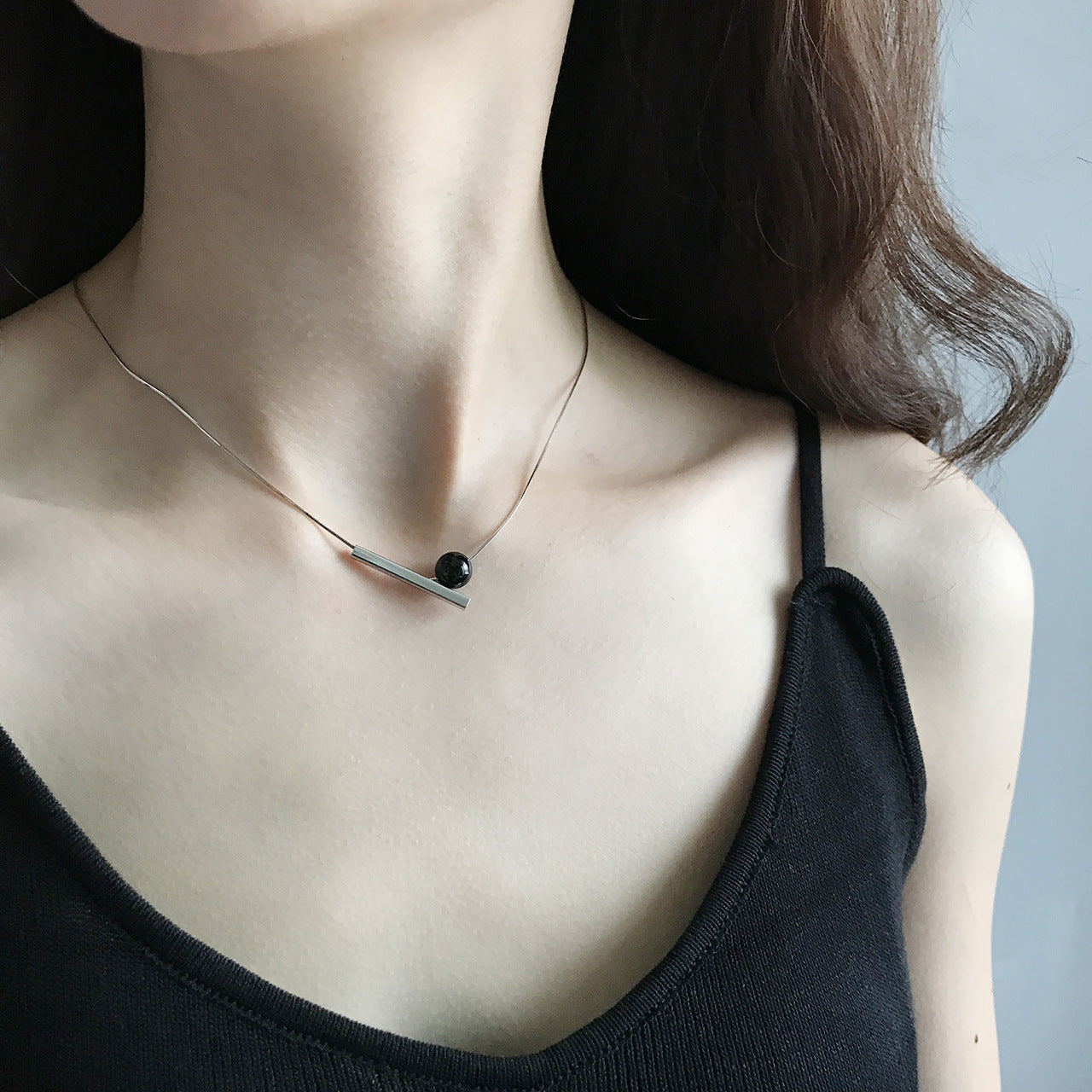 925 Sterling Silver Geometric Black Onyx Pendant Necklace for Women Minimalist Sweet Style