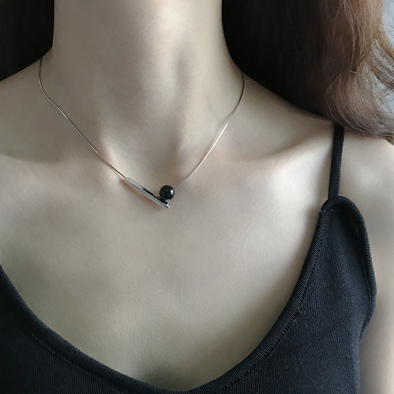 925 Sterling Silver Geometric Black Onyx Pendant Necklace for Women Minimalist Sweet Style