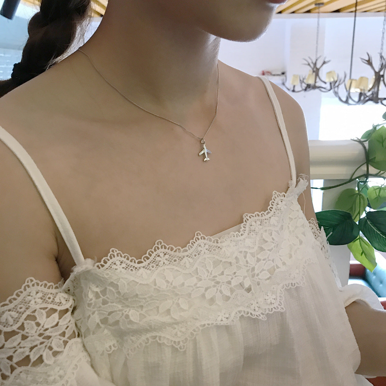 925 Sterling Silver Airplane Pendant Necklace for Women Geometric Vintage Trendy Clavicle Chain