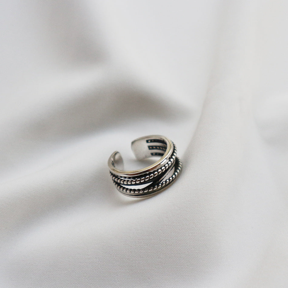 S925 Sterling Silver Twisted Rope Textured Vintage Adjustable Open Ring for Women