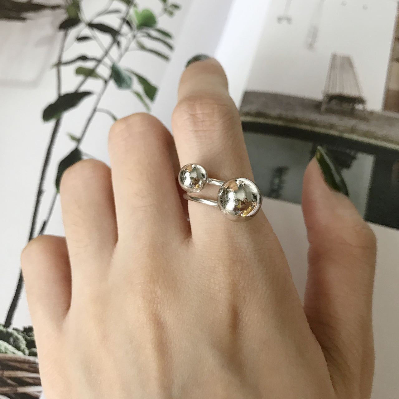 S925 Sterling Silver Minimalist Geometric Ring with Round Ball and Linear Detail for Women