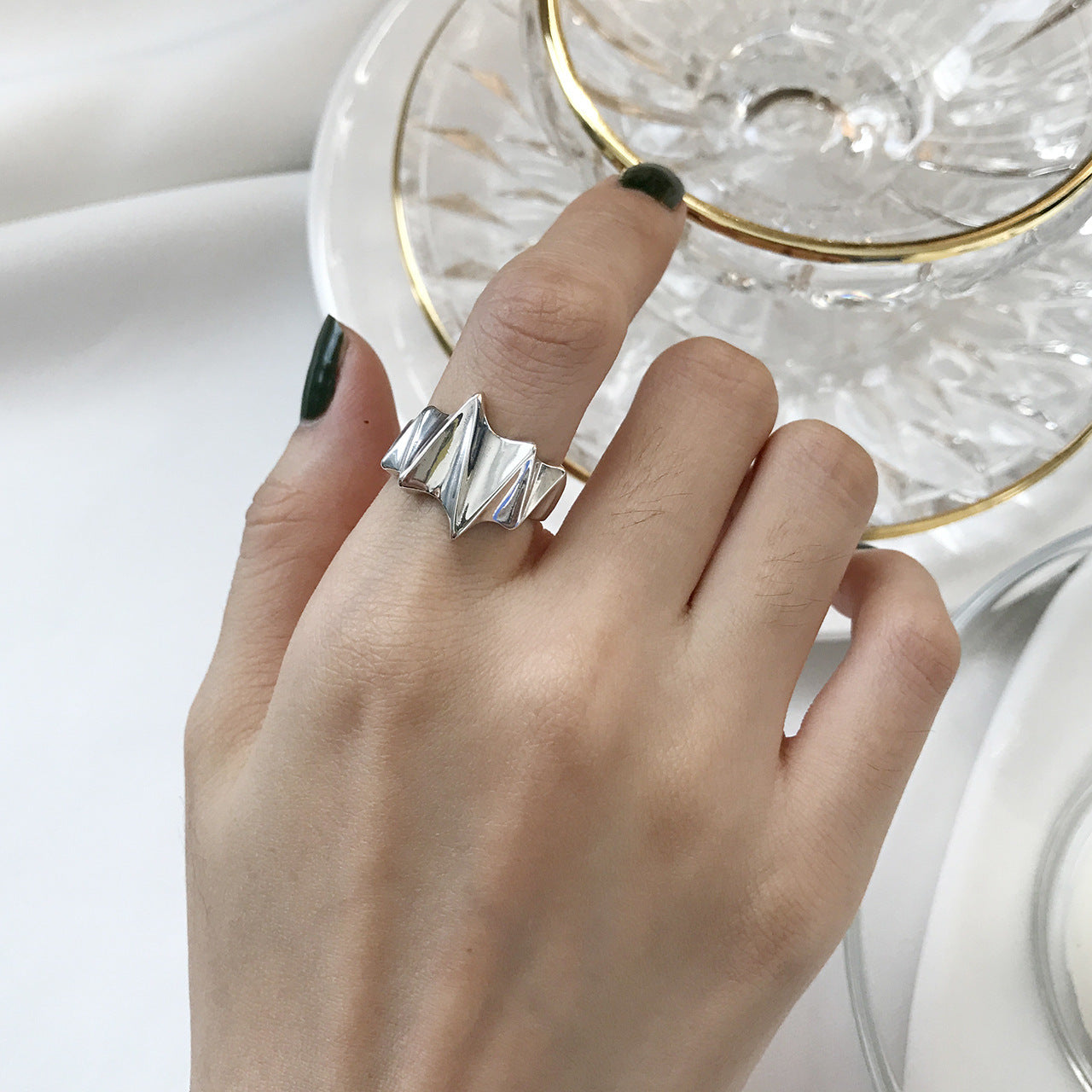 Anello da donna regolabile in argento sterling S925, anello a fascia a fulmine, geometrico minimalista