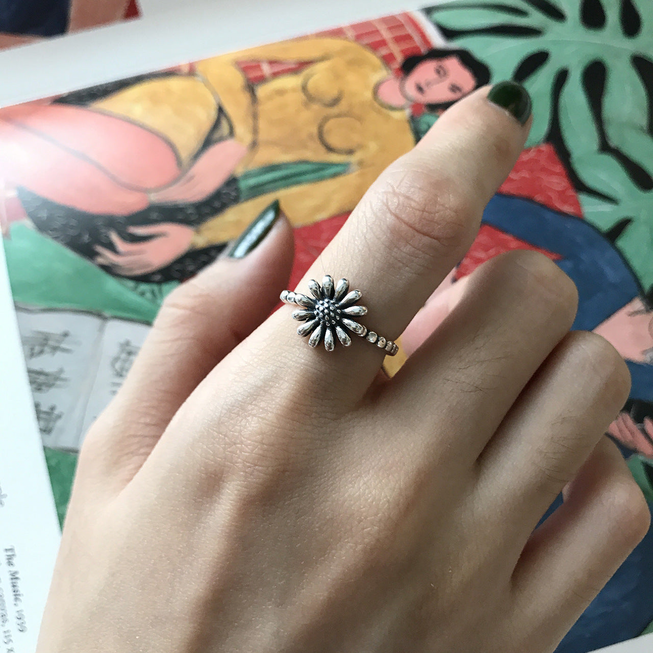 S925 Sterling Silver Daisy Ring Vintage Floral Boho Ins Style Women's Band Ring