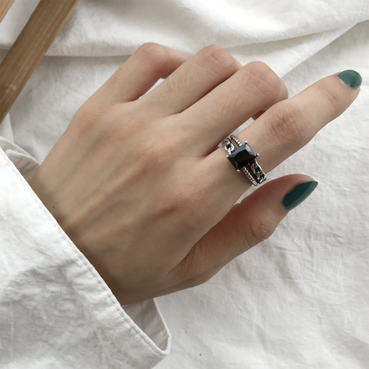 Anello da donna in argento sterling S925 vintage con agata quadrata e design a fascia aperta