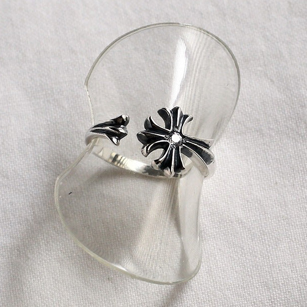 Anello S925 in Argento Sterling, Regolabile, a Croce Aperta, Finitura Anticata, Ispirazione Coreana Giapponese, Anello da Donna alla Moda