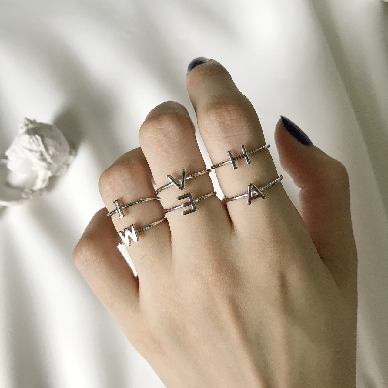 Handmade 925 Sterling Silver Letter Ring for Women Korean Japanese Style Minimalist Ins Fashion Stackable Band Ring