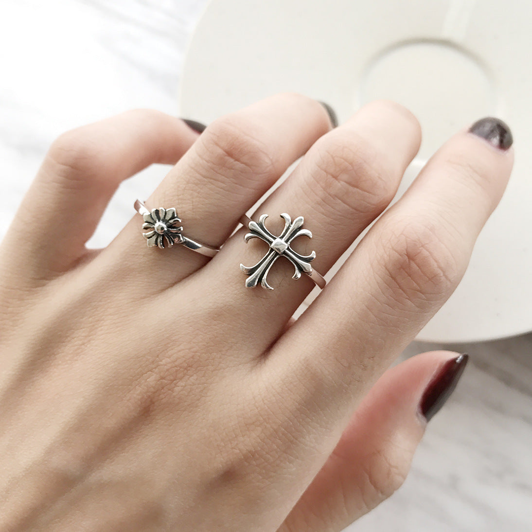 S925 Sterling Silver Vintage Cross Ring with Antiqued Finish Adjustable Open Band