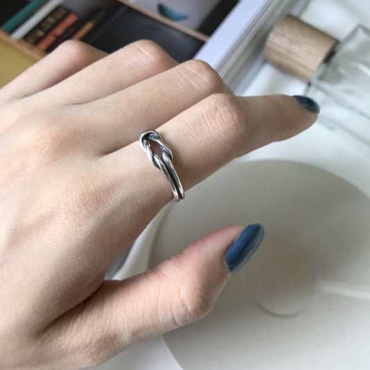 Anello da donna in argento Sterling S925 a doppio filo annodato regolabile, aperto, minimalista, vintage, con fascia in argento testurizzato