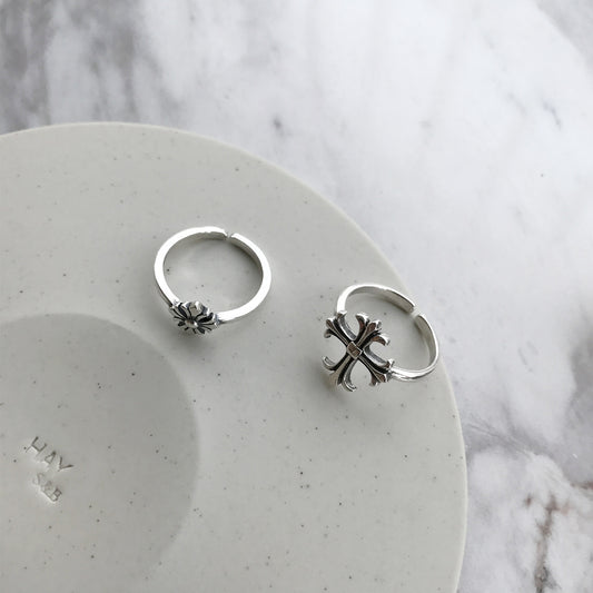 S925 Sterling Silver Vintage Cross Ring with Antiqued Finish Adjustable Open Band