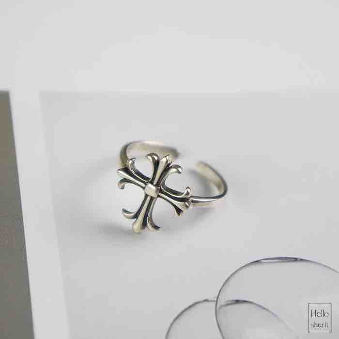 S925 Sterling Silver Vintage Cross Ring with Antiqued Finish Adjustable Open Band