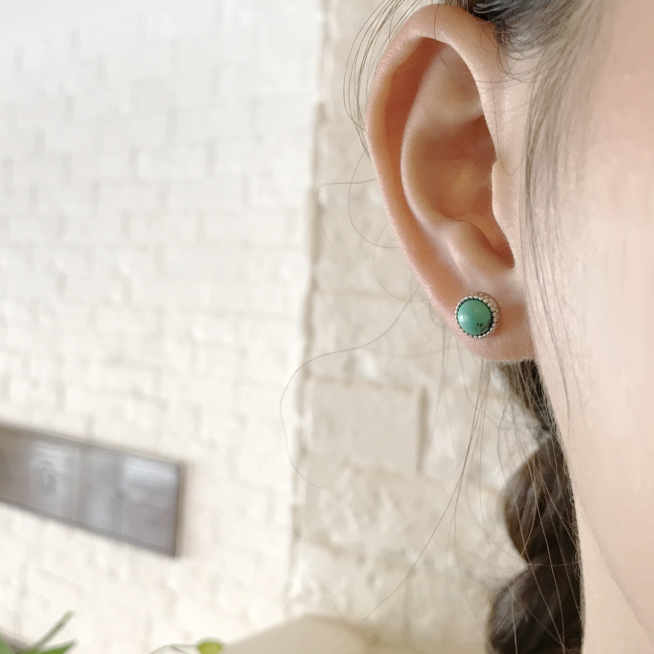Vintage Minimalist 925 Sterling Silver Square Geometric Marble Texture Turquoise Stud Earrings
