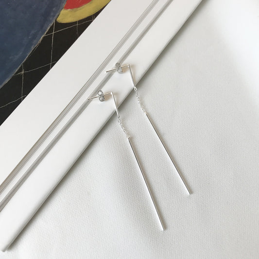 Pendientes largos de línea geométrica minimalista de plata de ley 925