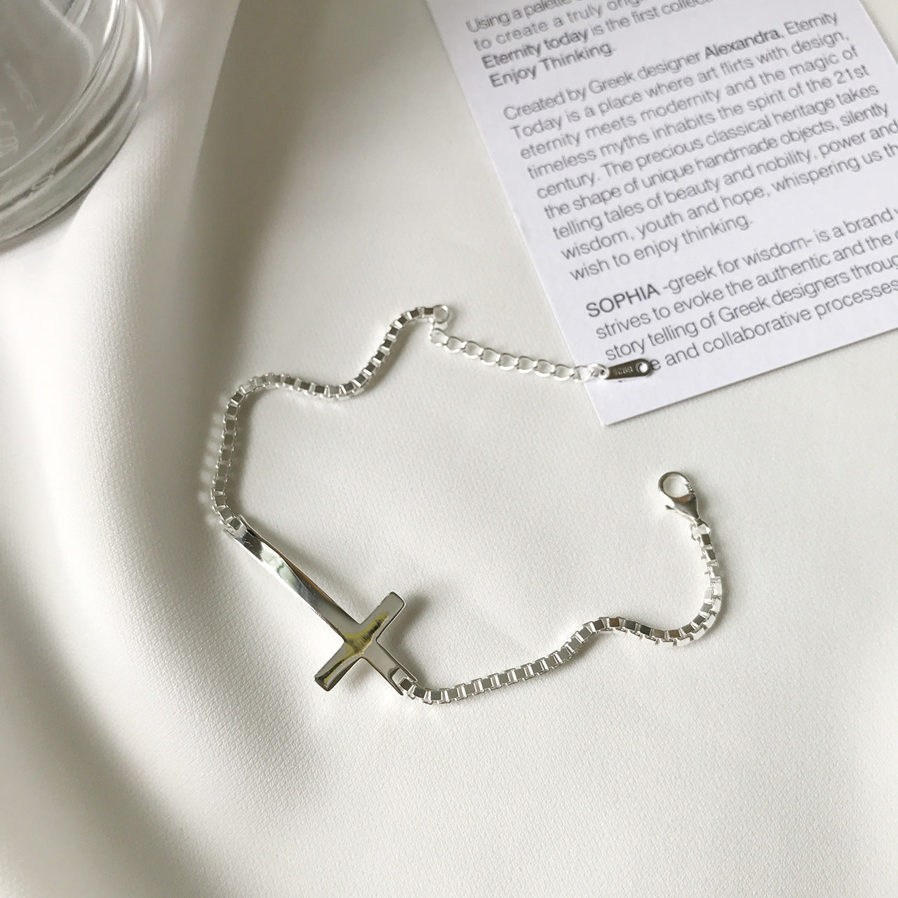 Vintage S925 Sterling Silver Geometric Cross Beaded Box Chain Bracelet