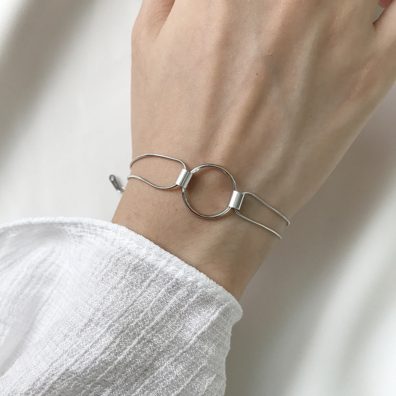 White Gold Plated 925 Sterling Silver Geometric Round Snake Chain Bracelet for Women
