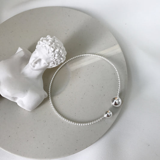 Vintage 925 Sterling Silver Rope Twist Double Bead Open Cuff Bracelet