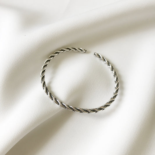Bracciale a corda intrecciato a mano vintage in argento sterling 925 con intarsio di perle