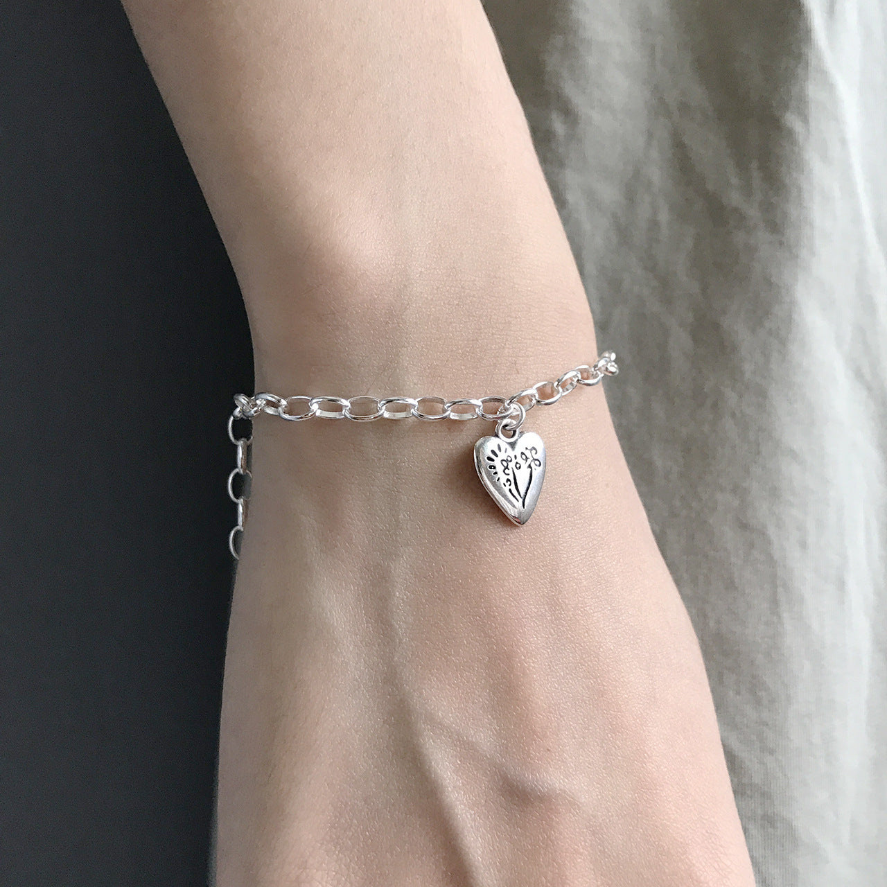 925 Sterling Silver Heart Plated Cable Chain Bracelet for Women