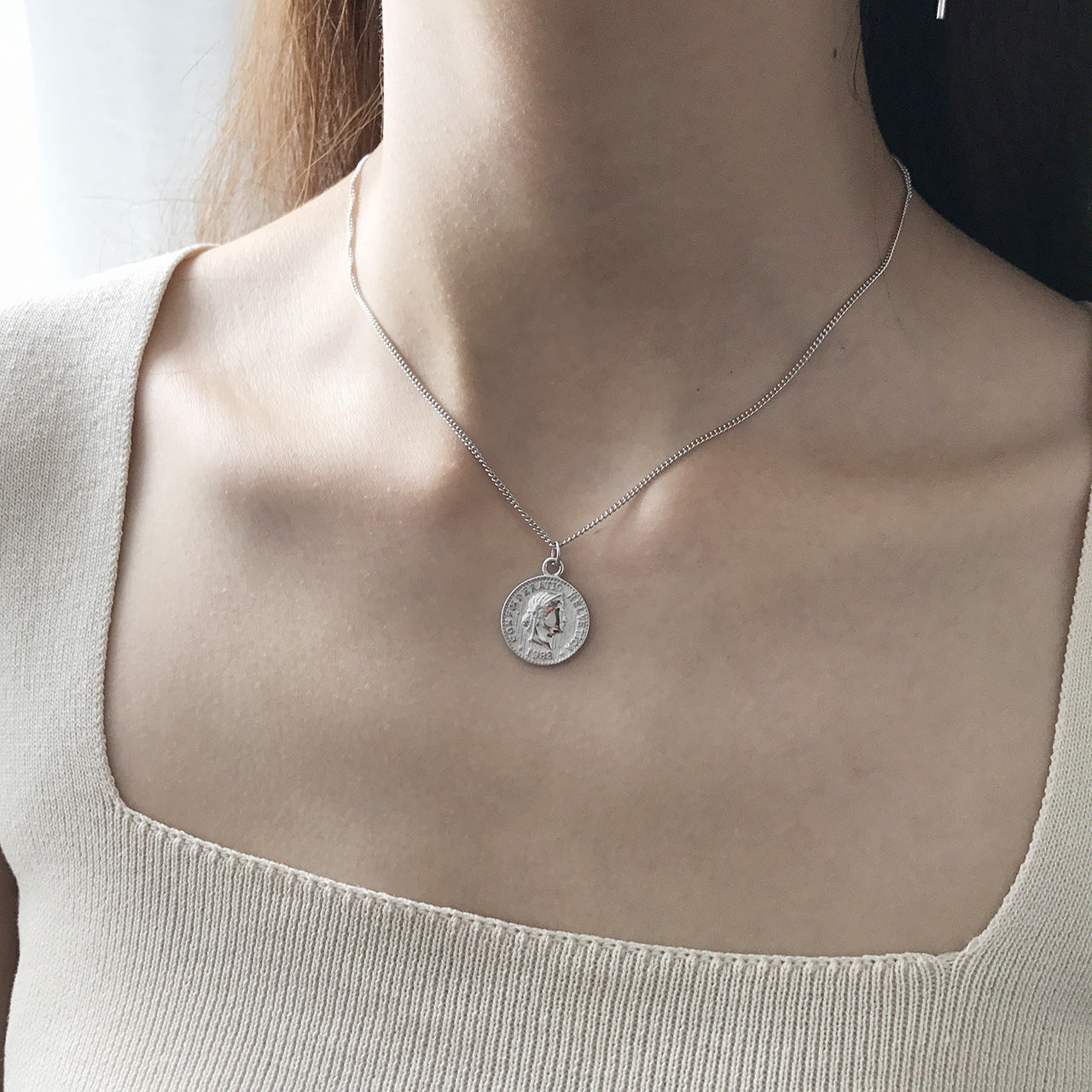 Minimalist White Gold Plated 925 Sterling Silver Round Coin Pendant Necklace on Ball Chain