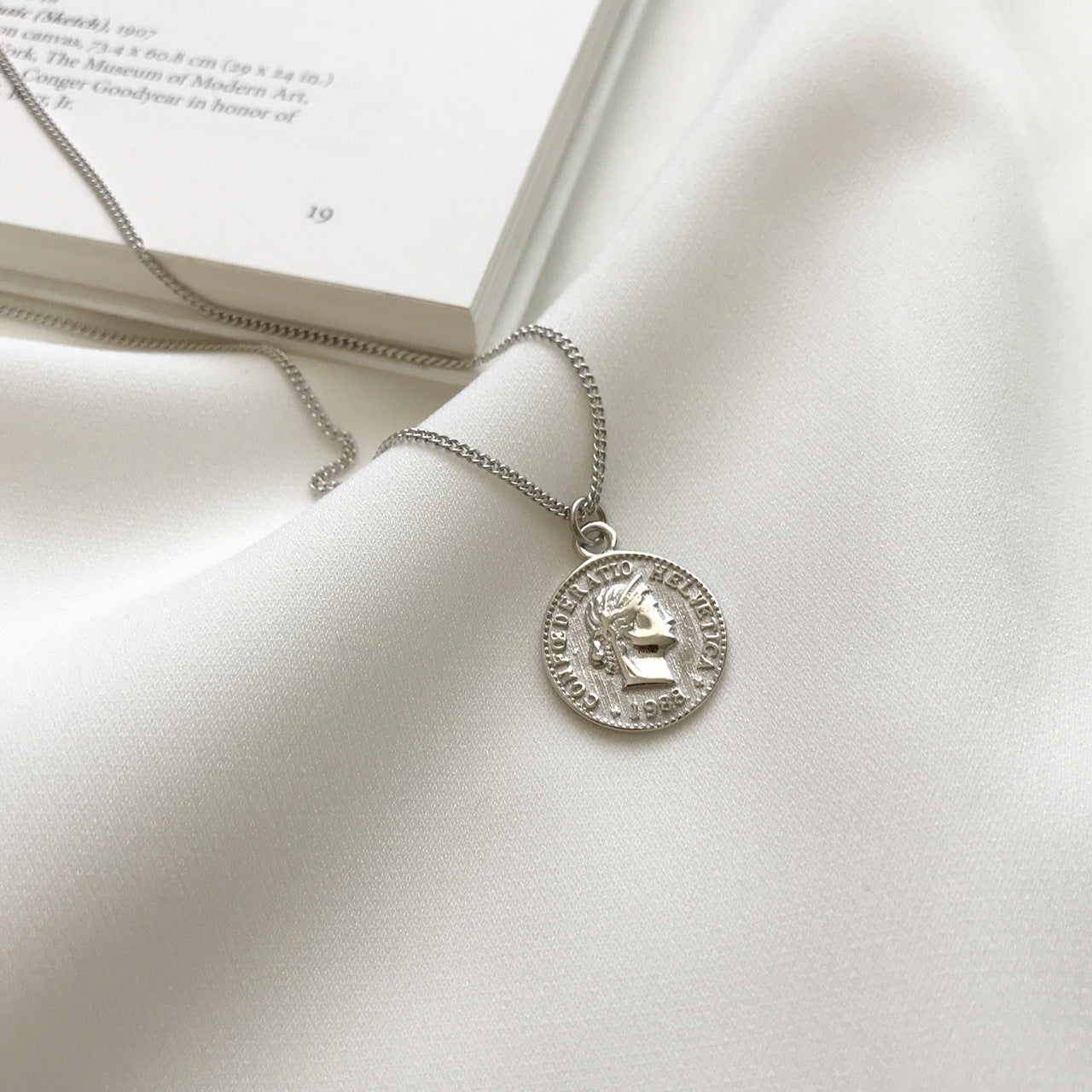 Minimalist White Gold Plated 925 Sterling Silver Round Coin Pendant Necklace on Ball Chain
