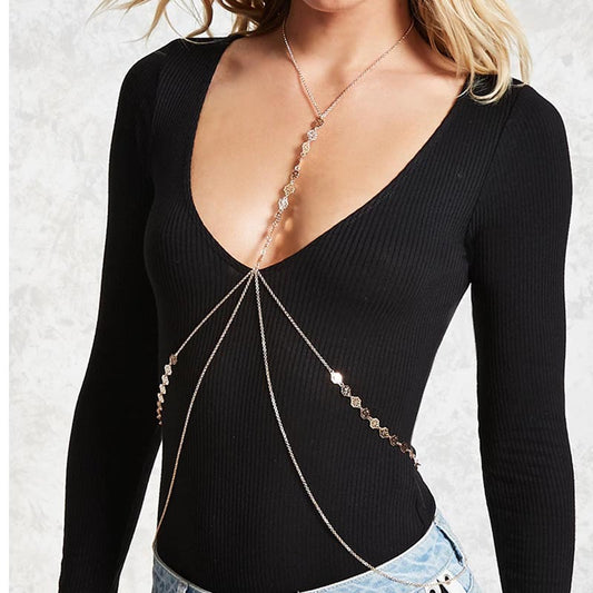 Collana a catena da corpo sexy a vita bassa con strati geometrici intagliati e in perline