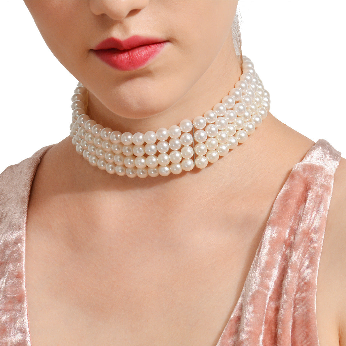 Elegant Multi-Layer Geometric Resin Pearl Choker Necklace with Snake Chain for Women