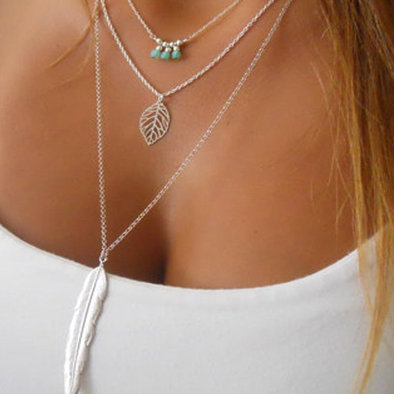 Women's Multi-Layer Leaf Pendant Necklace with Feather and Turquoise Beads Alloy Chain Jewelry