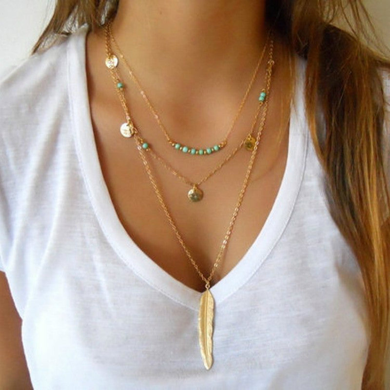Fashion Feather Turquoise Bead Sequin Multi Layer Necklace for Women Star Pendant Cross Chain Jewelry