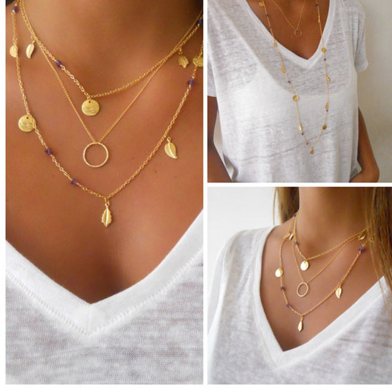Handmade Multi-Element Necklace with Sequin Leaf Pendant and Tassel Charm Adjustable Alloy Chain