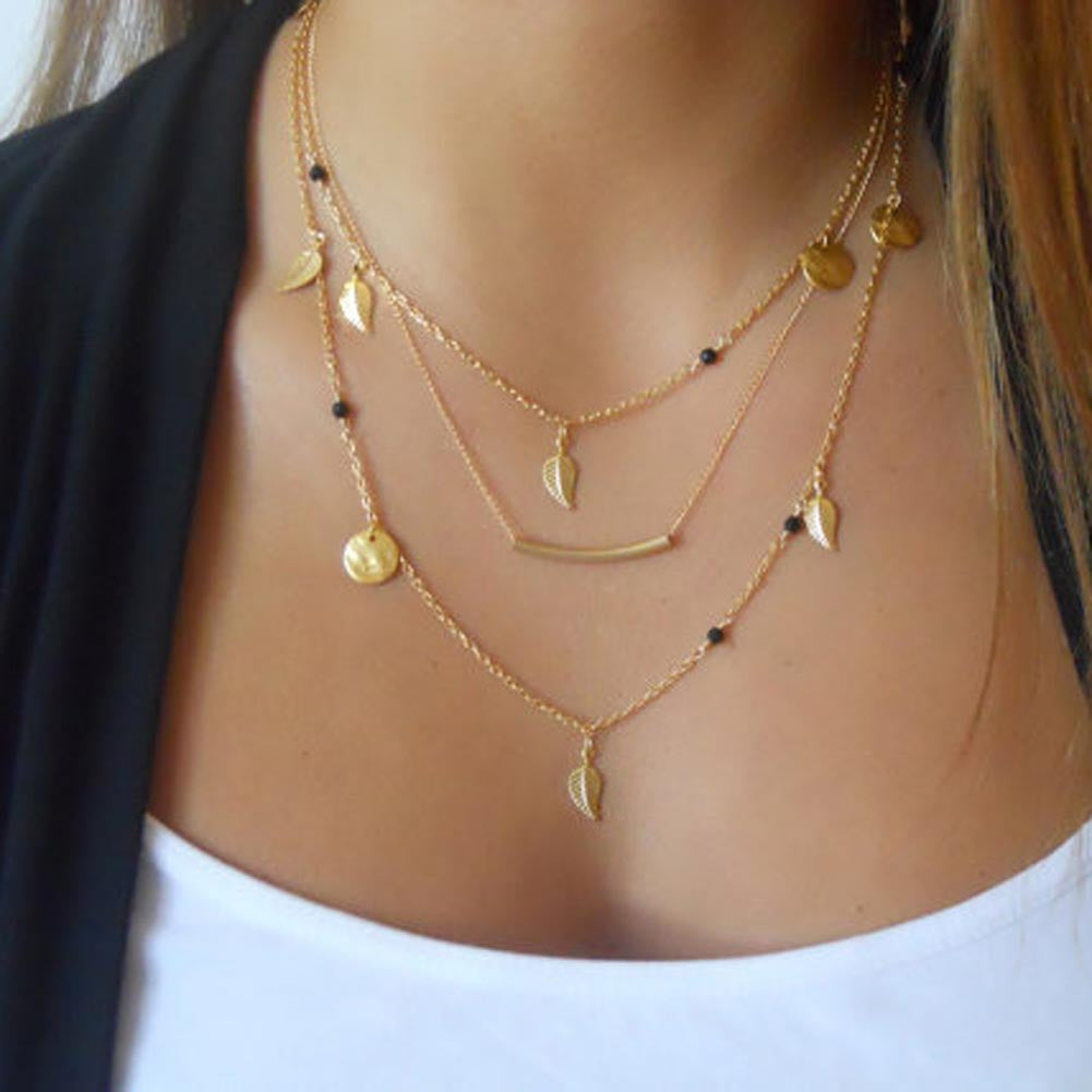 Women's Multi-Layer Leaf Pendant Necklace with Sequins and Tassels Alloy Teardrop Drop Necklace