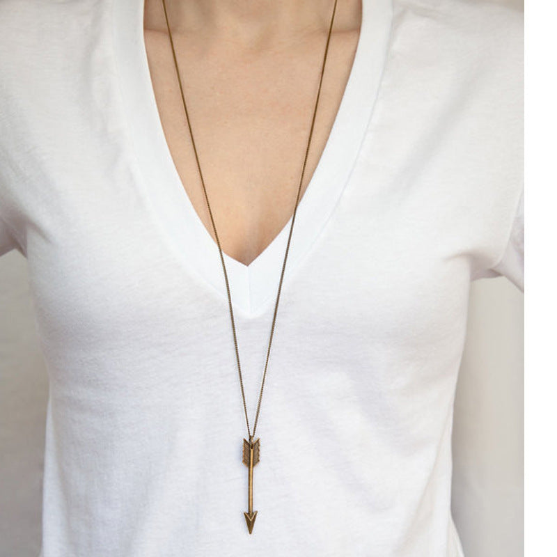 Vintage Arrow Pendant Necklace for Women Geometric Cross Chain Alloy Sweater Chain