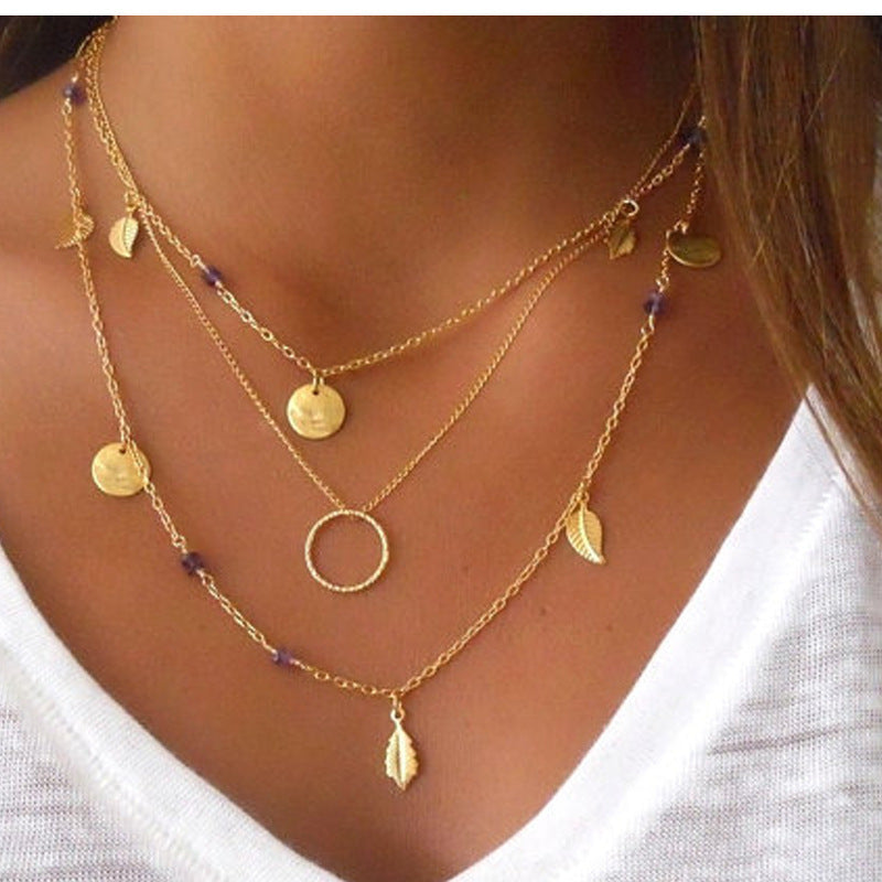 Handmade Multi-Element Necklace with Sequin Leaf Pendant and Tassel Charm Adjustable Alloy Chain