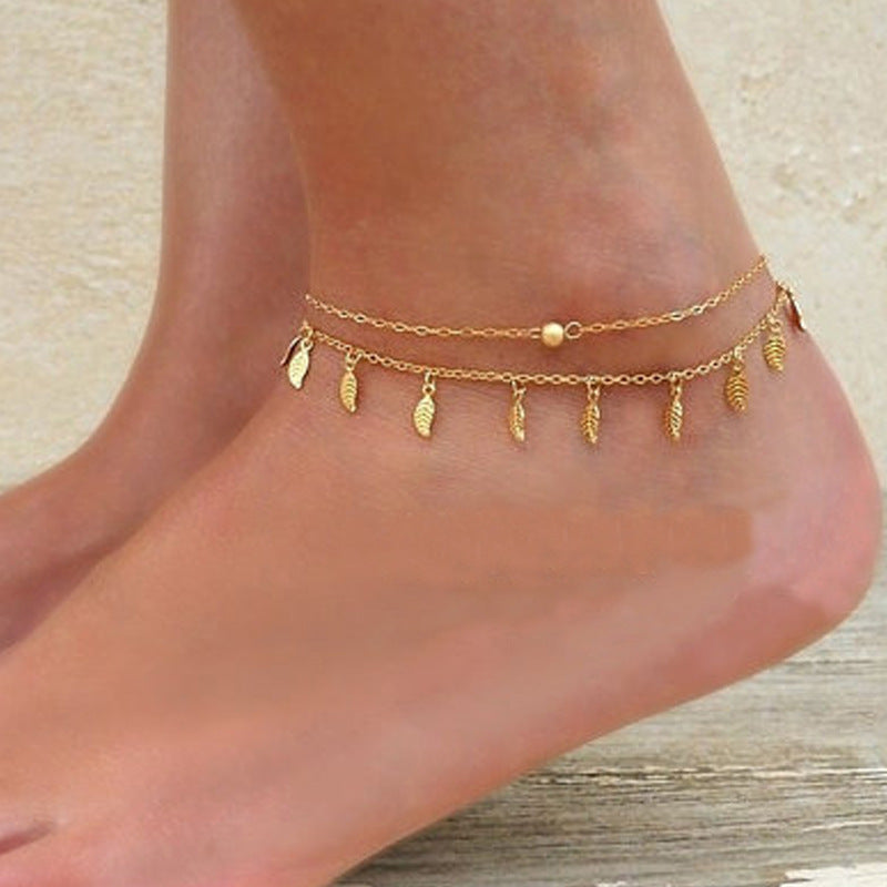 Minimalist Double Layer Anklet with Leaf Charm and Tassel Detail for Women Western Style Foot Jewelry